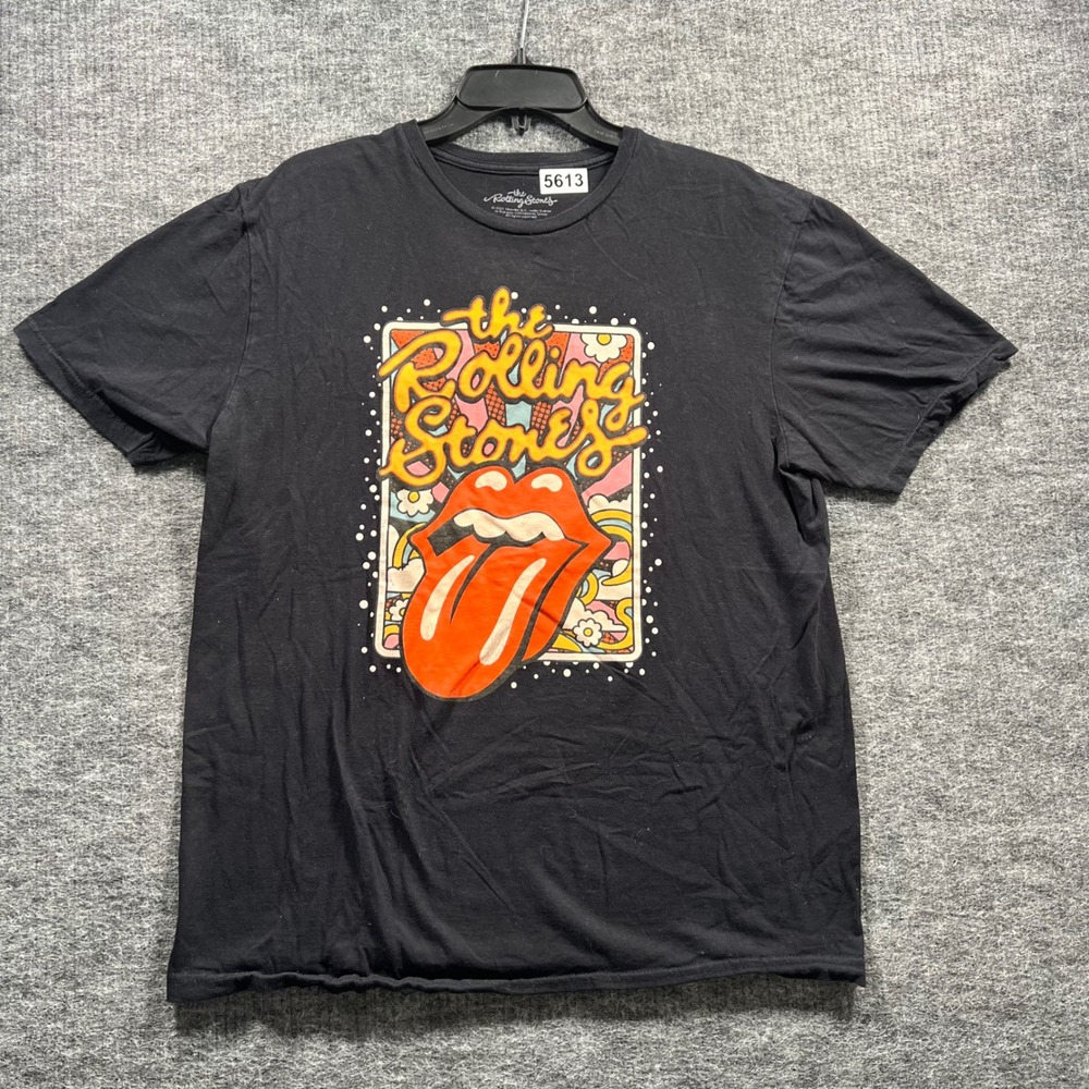 The Rolling Stones Graphic T-Shirt Mens Large Black Floral Tongue Logo